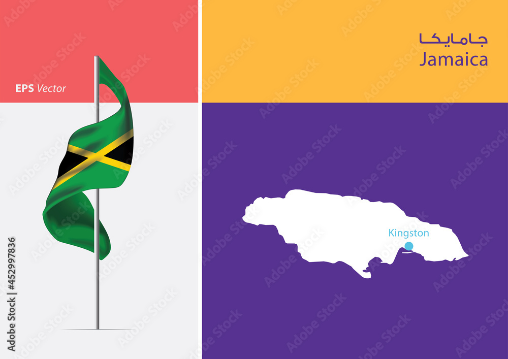 Flag of Jamaica on white background. Map of Jamaica with Capital position Kingston. The script