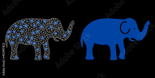 Bright mesh vector elephant with glare effect. White mesh, bright spots on a black background with elephant icon. Mesh and lightspot elements are placed on different layers.