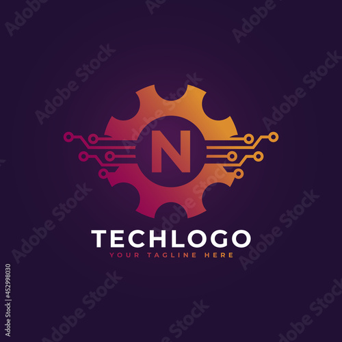 Technology Initial Letter N Gear Logo Design Template Element.