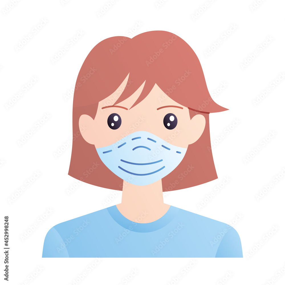 Girl or young woman wearing face medical protective mask isolated vector icon, COVID-19 pandemic or flu virus epidemic, allergy, air pollution protection. Girl or young woman wearing face medical protective mask isolated vector icon, COVID-19 pandemic or flu virus epidemic, allergy, air pollution protection.