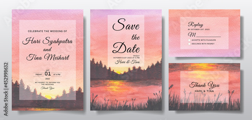 Watercolor wedding invitation set with sunset landscape