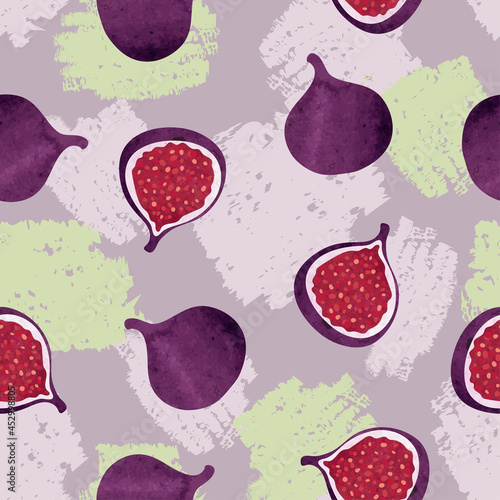 Seamless fig fruit pattern. Exotic fruit watercolor vector illustration. 