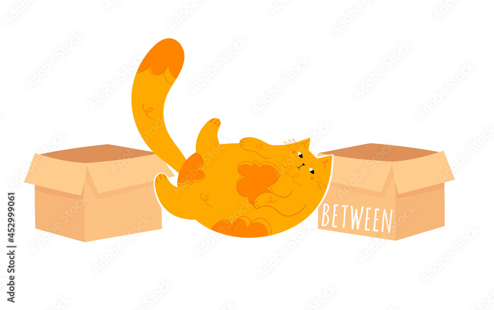 Vetor de Learning prepositions of place. Funny fat cat between the ...