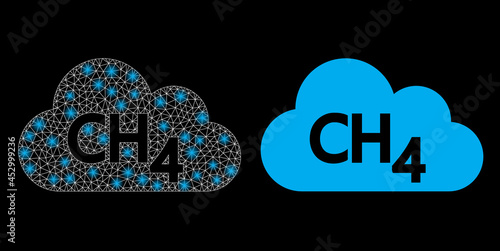 Bright mesh vector methane gas with glare effect. White mesh, glare spots on a black background with methane gas icon. Mesh and glare elements are placed on different layers.