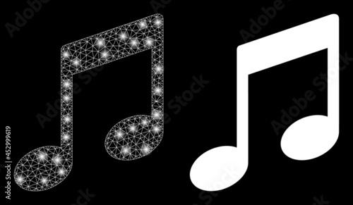 Glamour mesh vector musical notes with glare effect. White mesh, glare spots on a black background with musical notes icon. Mesh and glowing elements are placed on different layers.