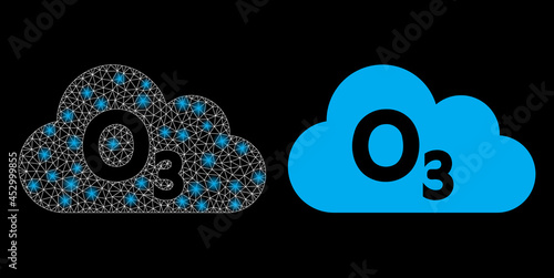 Bright mesh vector ozone gas with glow effect. White mesh, bright spots on a black background with ozone gas icon. Mesh and glare elements are placed on different layers.