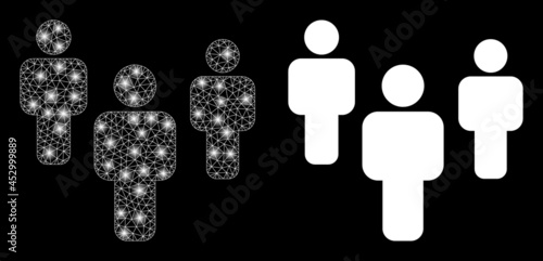 Bright mesh vector people with glare effect. White mesh, light spots on a black background with people icon. Mesh and glare elements are placed on different layers.