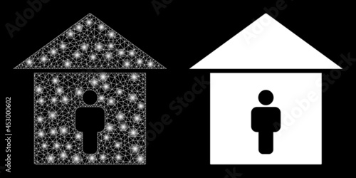 Glossy mesh vector self isolation with glare effect. White mesh, glare spots on a black background with self isolation icon. Mesh and glare elements are placed on different layers.