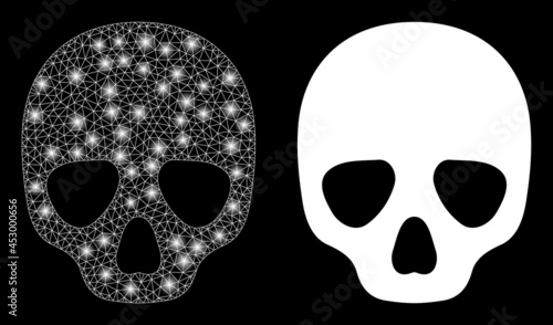 Glamour mesh vector skull with glare effect. White mesh, glare spots on a black background with skull icon. Mesh and lightspot elements are placed on different layers.