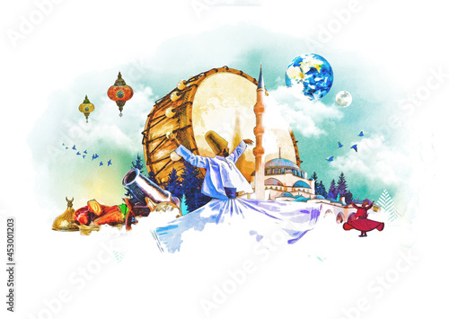 Abstract digital watercolor composition of traditional Turkish holly Ramadan month elements.