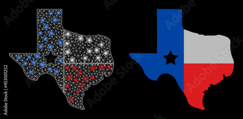 Bright mesh vector texas map logo with glare effect. White mesh, glare spots on a black background with texas map logo icon. Mesh and glare elements are placed on different layers.