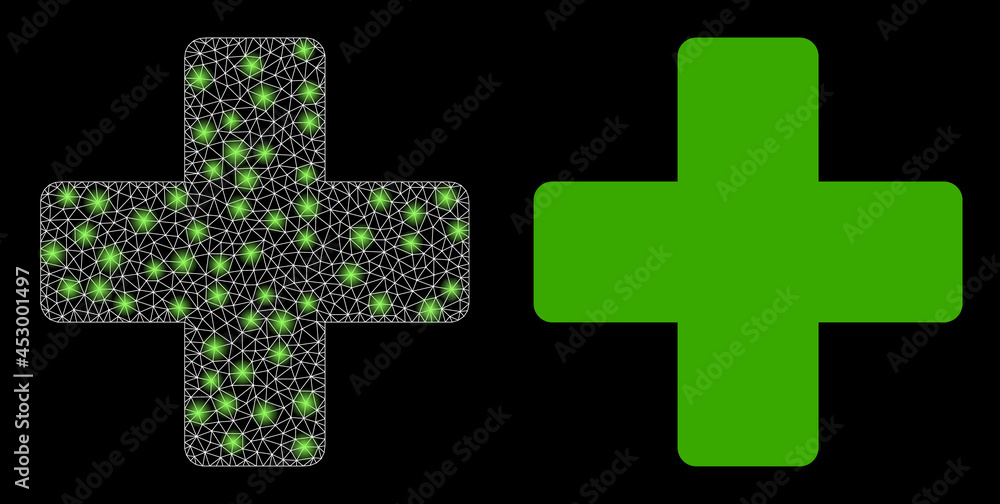 Obraz premium Bright mesh vector veterinary cross with glare effect. White mesh, glare spots on a black background with veterinary cross icon. Mesh and lightspot elements are placed on different layers.