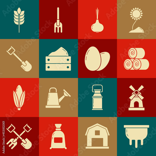 Set Udder, Windmill, Roll of hay, Onion, Wooden box with harvest, Shovel, Cereals rice, wheat, corn, oats, rye and Chicken egg icon. Vector