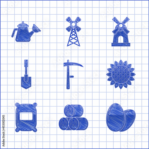 Set Scythe, Roll of hay, Chicken egg, Sunflower, Bag flour, Shovel, Windmill and Watering can icon. Vector