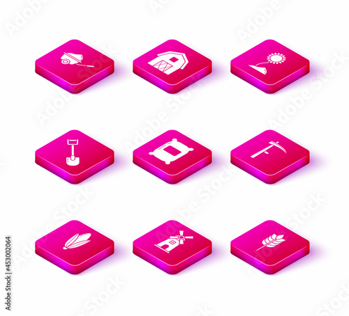 Set Corn, Windmill, Shovel, Bag of flour, Cereals with rice, wheat, corn, oats, rye, Scythe, Sunflower and Farm House concept icon. Vector