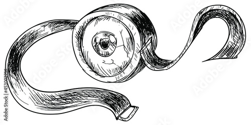 Mechanical eye on a strap. Futuristic sketch-style vision organ prosthesis. Vector illustration with an all-seeing eye on a white background.