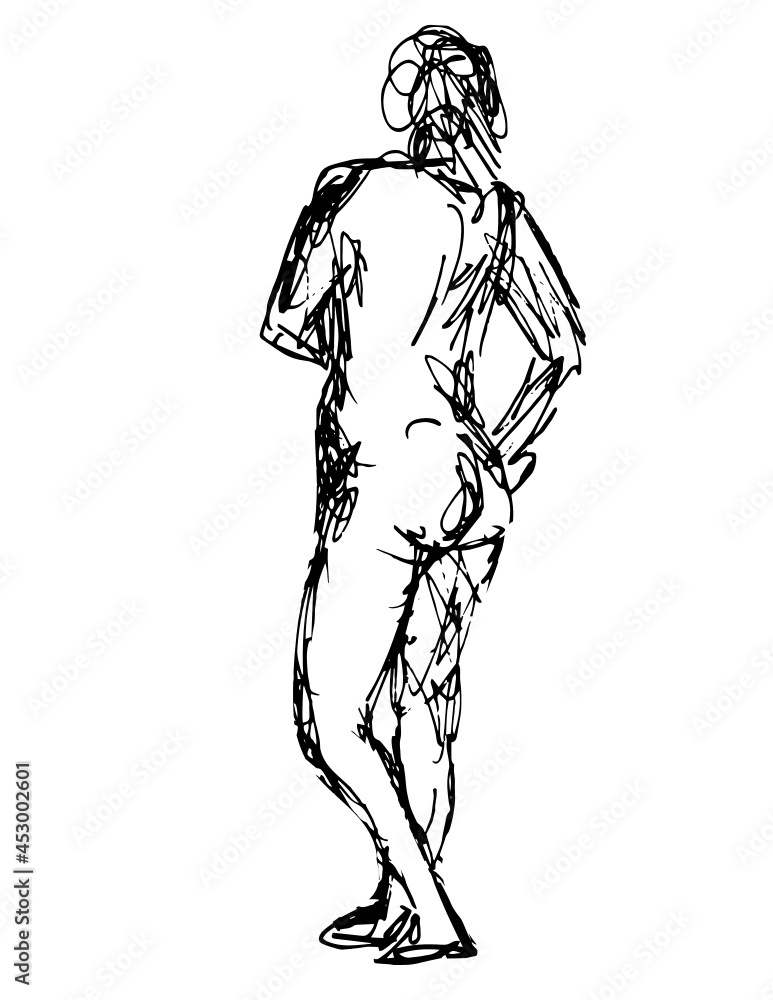 Doodle art illustration of a nude female human figure posing with hand on hips rear view in continuous line drawing style in black and white on isolated background.