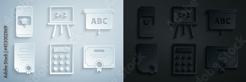 Set Calculator, Chalkboard, Certificate template, and Graduation cap on screen smartphone icon. Vector