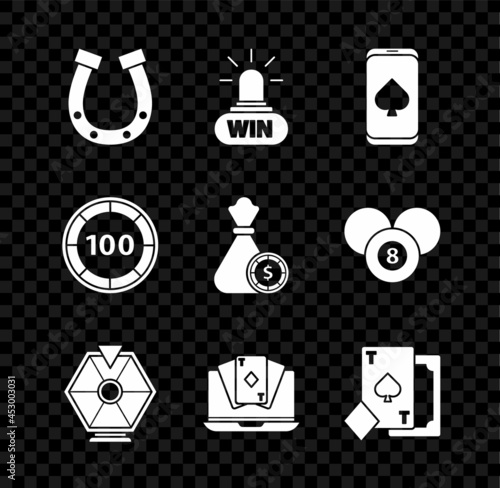 Set Horseshoe, Casino win, Online poker table game, Lucky wheel, Playing card with spades, chips and Money bag and casino icon. Vector