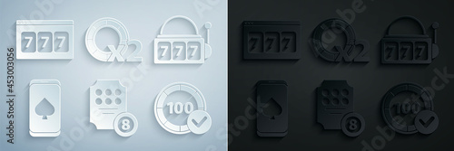 Set Online slot machine, Slot with lucky sevens jackpot, poker table game, Casino chips, and icon. Vector