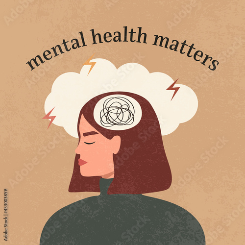 Mental health matters. Flat llustration of woman with mess line inside her brain 