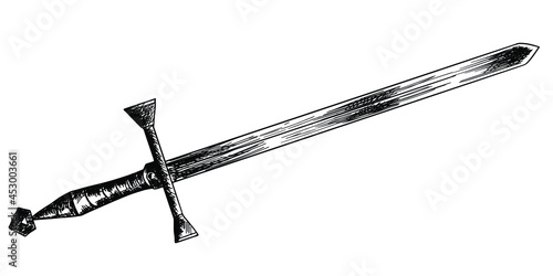 Beautiful detailed medieval sword on a white background. Knights weapon sketch. Excalibur of King Arthur. Blade of Strength. photo