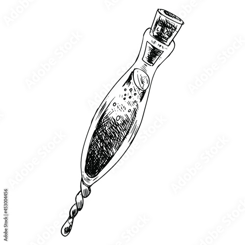 Potion of luck sketch on a white background. Hand-drawn fantasy phial with transparent liquid. Vector vessel with medicine. Test tube with analysis.