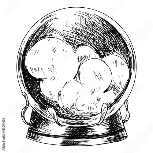 A sketch of a magic ball with steam inside. hand-drawn object for predicting the future and viewing the past. Christmas ball with snow in vector format.