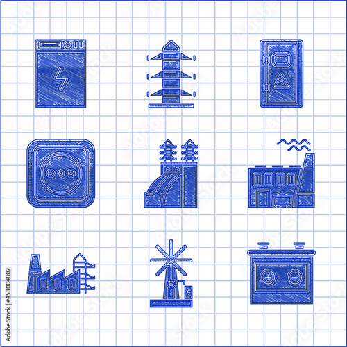 Set Nuclear power plant, Wind turbine, Car battery, Coal and factory, Power station, Electrical outlet, cabinet and bank icon. Vector