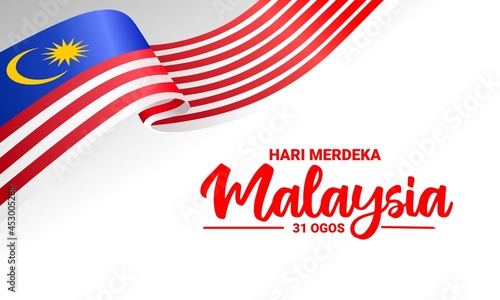 Vector illustration of a wavy flag, with the text "Selamat Hari Merdeka Malaysia, 31 Ogos", which means Happy Malaysian Independence Day, 31 August.