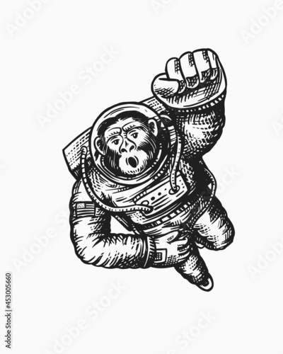 Monkey astronaut flying up. Chimpanzee spaceman character. Astronomical galaxy space. Funny cosmonaut explore adventure. Hand drawn Engraved old monochrome sketch. Vector illustration for t-shirt 