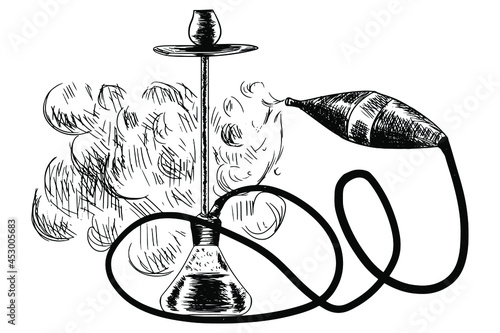 Shaded sketch hookah on a white background. Signboard or logo, banner, for hookah or tobacco packaging.