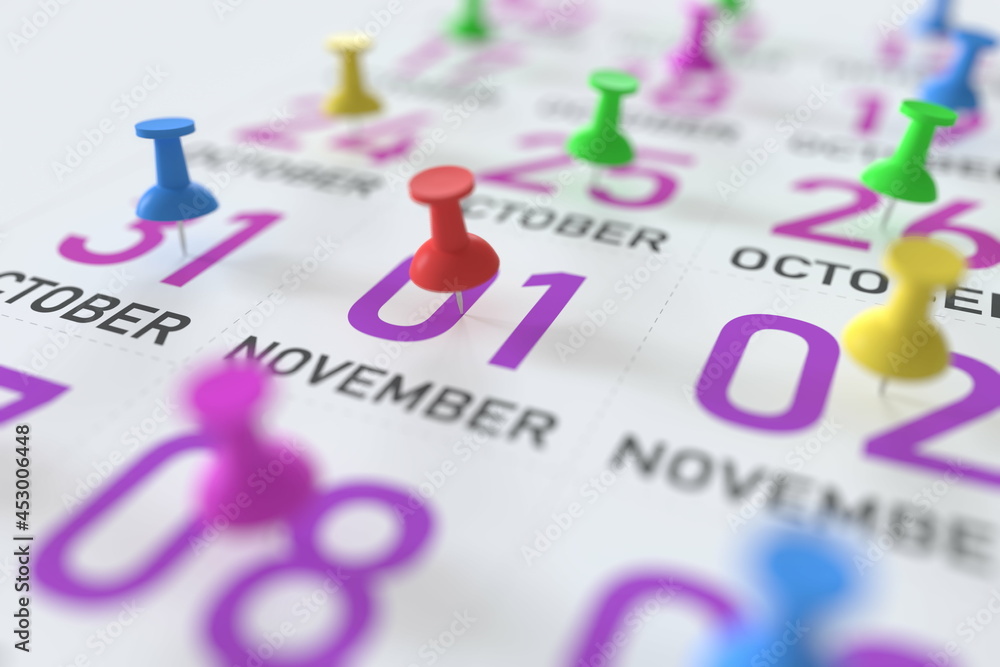November 1 date and push pin on a calendar, 3D rendering November 1 date and push pin on a calendar, 3D rendering