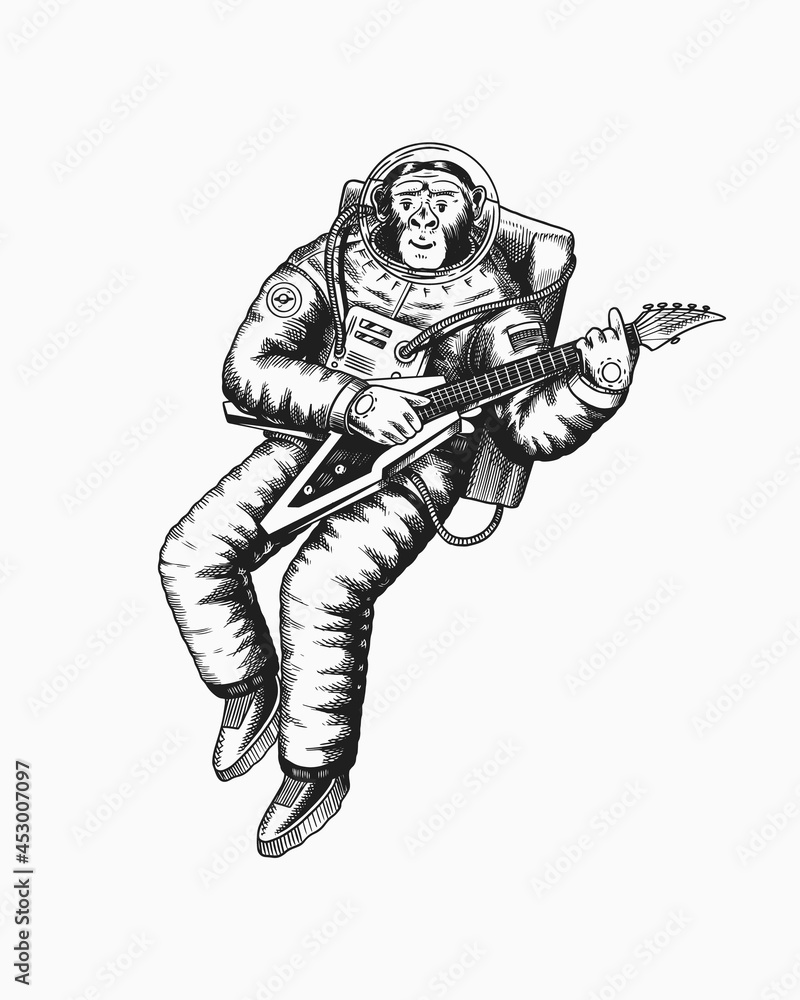 Monkey astronaut plays the electric guitar. Chimpanzee spaceman cosmonaut character. Fashionable animal. Hand drawn Engraved old monochrome sketch. Vector illustration for t-shirt, tattoo Monkey astronaut plays the electric guitar. Chimpanzee spaceman cosmonaut character. Fashionable animal. Hand drawn Engraved old monochrome sketch. Vector illustration for t-shirt, tattoo