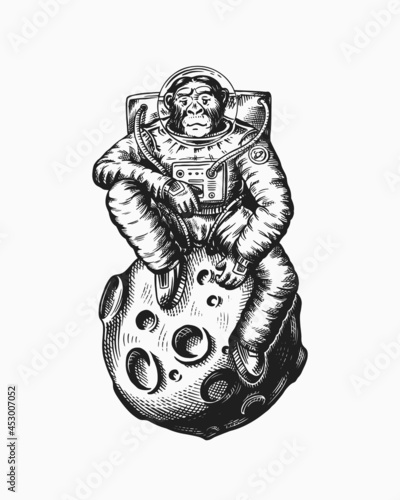 Monkey astronaut sitting on the moon. Chimpanzee spaceman cosmonaut. Fashionable animal character. Hand drawn Engraved old monochrome sketch. Vector illustration for t-shirt, tattoo 