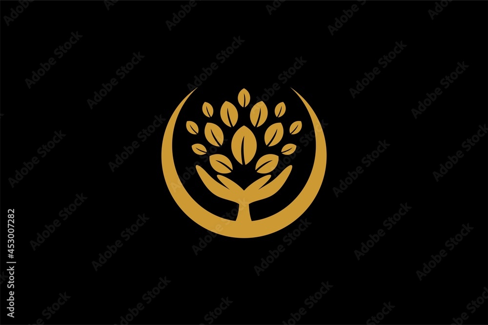 Fototapeta premium Hand tree logo design vector. Plant care illustration sign. Green leaf in shield vector icons.
