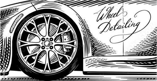 Car background. Wheel detailing. Truck close up. Change from Winter to All-Season Tires. Hand drawn sketch line. Hatching doodle style. Poster or banner for Automotive Service.