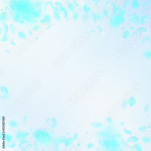 Turquoise flower petals falling down. Popular roma