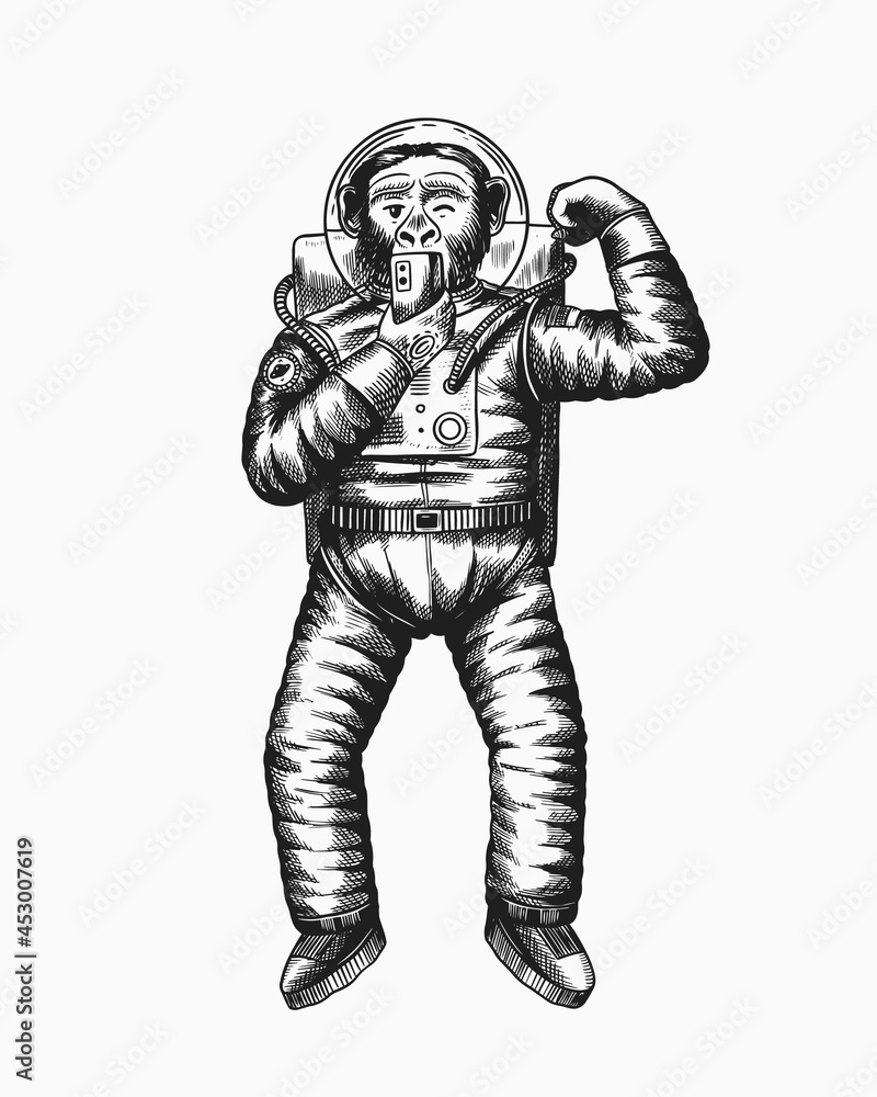 Monkey astronaut takes selfies and plays with muscles.. Chimpanzee spaceman cosmonaut character. Fashionable animal. Hand drawn Engraved old monochrome sketch. Vector illustration for t-shirt, tattoo Monkey astronaut takes selfies and plays with muscles.. Chimpanzee spaceman cosmonaut character. Fashionable animal. Hand drawn Engraved old monochrome sketch. Vector illustration for t-shirt, tattoo