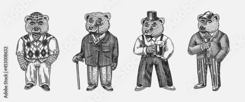 Bear in vintage costume with beer. Fashion animal character in tweed jacket. Hand drawn sketch. Retro look. Vector engraved illustration for logo and tattoo or T-shirts.