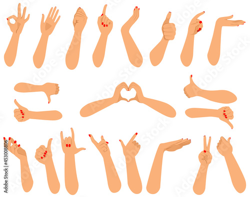 Set of forearm hands of female human in different action gestures