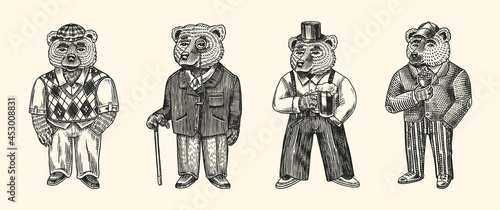 Bear in vintage costume with beer. Fashion animal character in tweed jacket. Hand drawn sketch. Retro look. Vector engraved illustration for logo and tattoo or T-shirts.