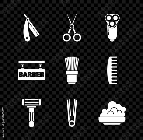 Set Straight razor, Scissors hairdresser, Electric blade for men, Shaving, Curling iron, gel foam, Barbershop and brush icon. Vector