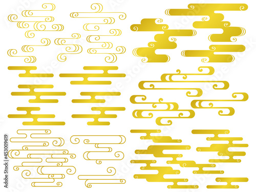 金の和風の霞模様のイラストセット