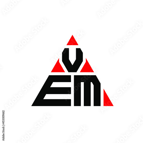 VEM triangle letter logo design with triangle shape. VEM triangle logo design monogram. VEM triangle vector logo template with red color. VEM triangular logo Simple, Elegant, and Luxurious Logo. VEM 