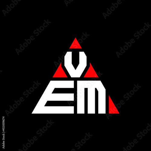 VEM triangle letter logo design with triangle shape. VEM triangle logo design monogram. VEM triangle vector logo template with red color. VEM triangular logo Simple, Elegant, and Luxurious Logo. VEM 
