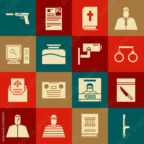 Set Police rubber baton, Evidence bag and knife, Handcuffs, Holy bible book, Inkwell, Search computer screen, Pistol or gun with silencer and Security camera icon. Vector