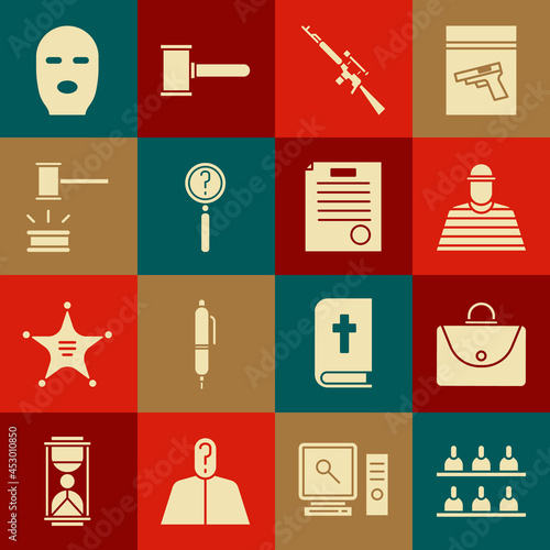 Set Jurors, Briefcase, Prisoner, Sniper rifle with scope, Magnifying glass search, Judge gavel, Thief mask and The arrest warrant icon. Vector