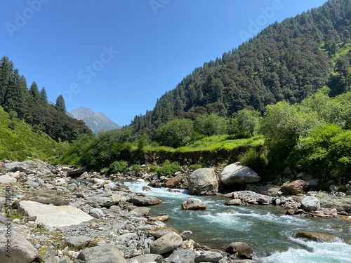 Beautiful green mountains and Uhl river flowing in Thamsar mountain trek, himachal pradesh, India © Navaashay