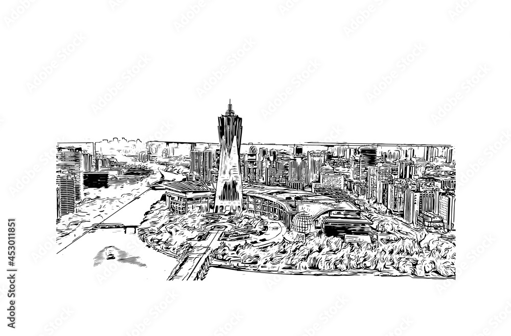 Building view with landmark of Hangzhou is the 
city in China. Hand drawn sketch illustration in vector.